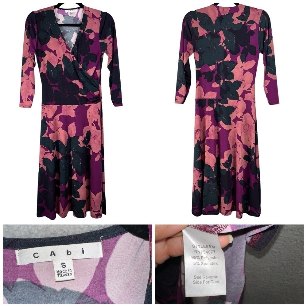 Cabi 837 Dress Small Floral Faux Wrap Shadow Print Boho Art to Wear Hippie Midi